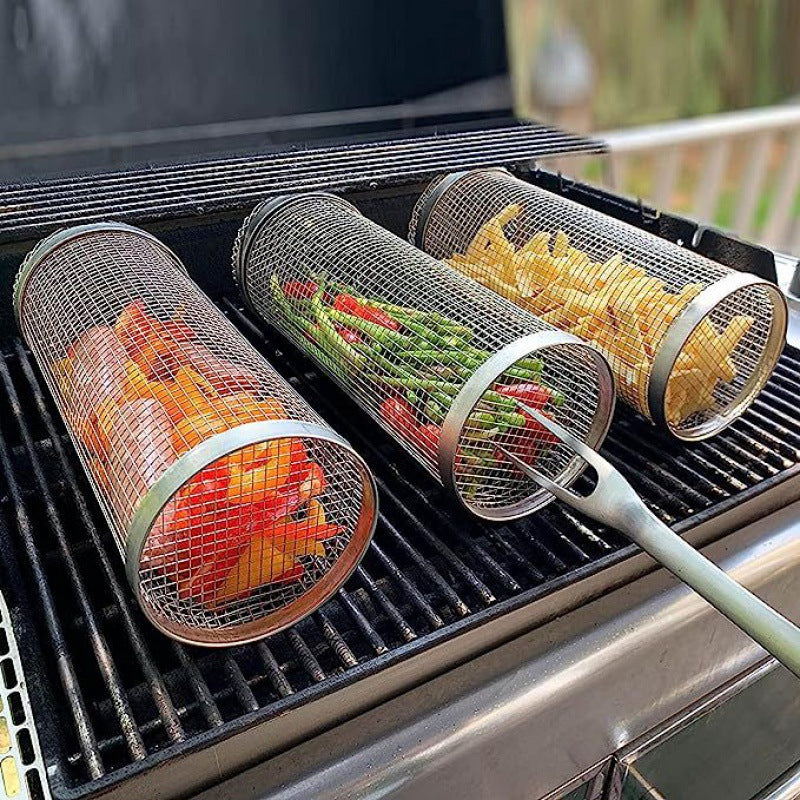 Koš na gril BBQ z nerezové oceli, otočný válec
