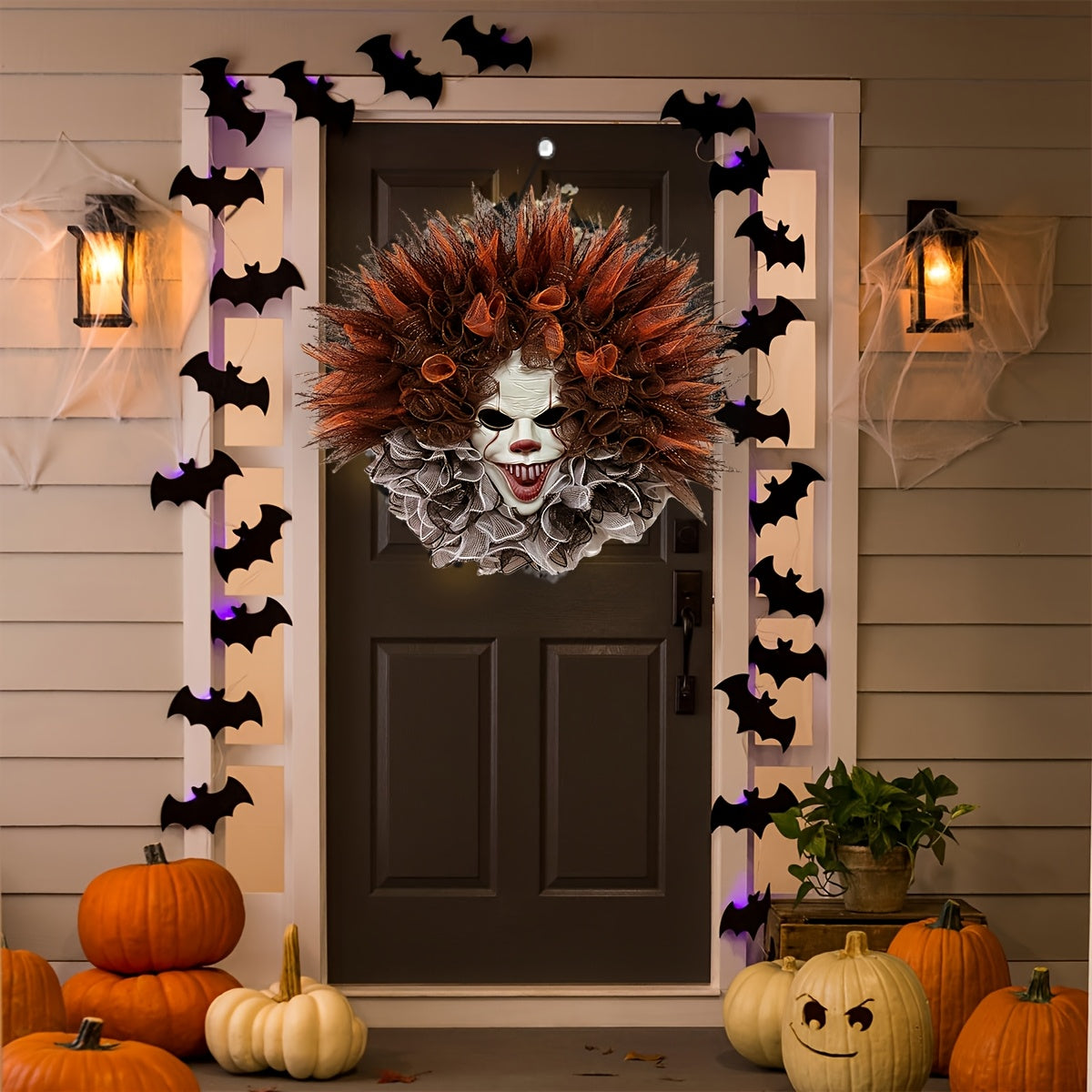 Halloween Scary Clown Mesh Wreath | Creepy Front Door Decor - Image 1