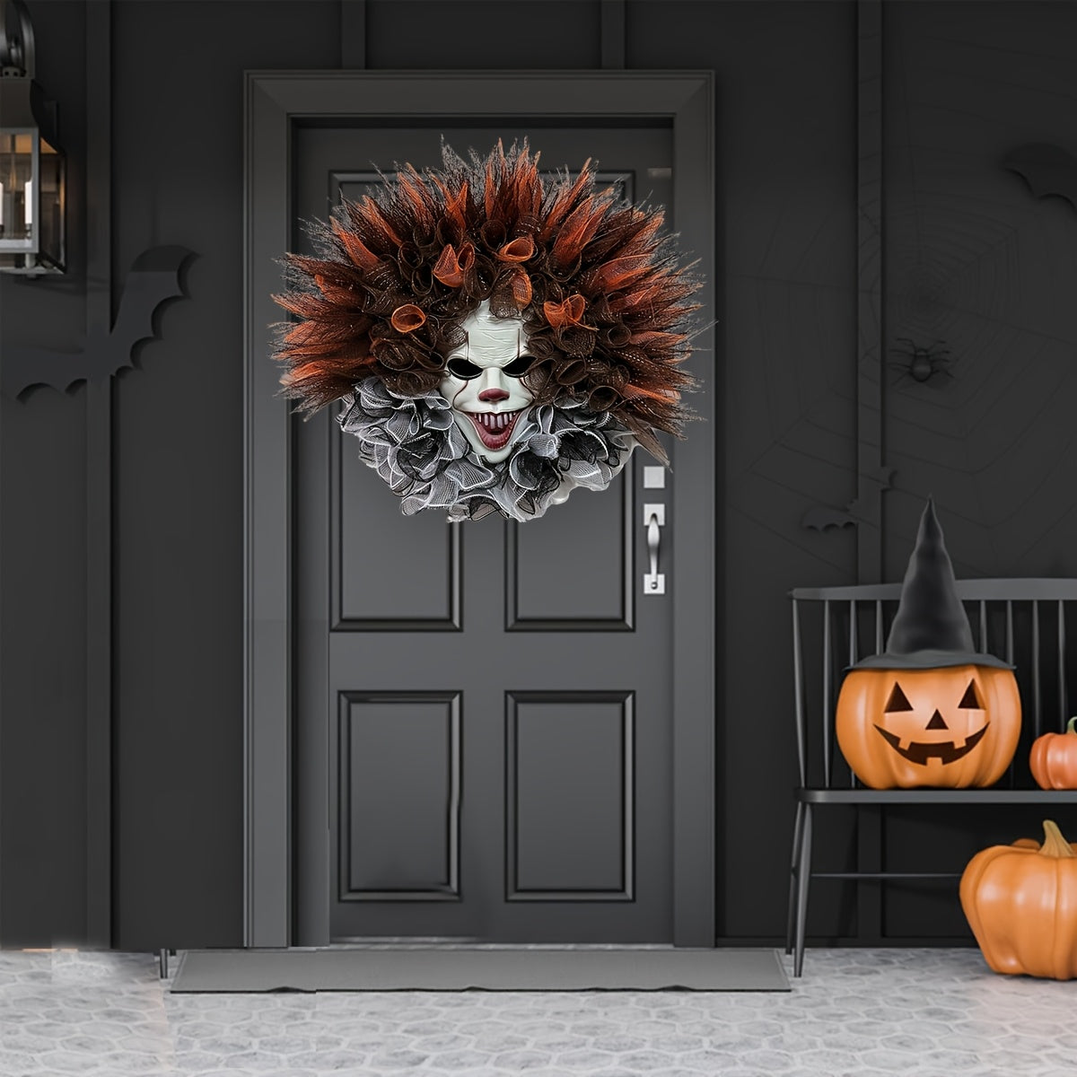 Halloween Scary Clown Mesh Wreath | Creepy Front Door Decor - Image 3