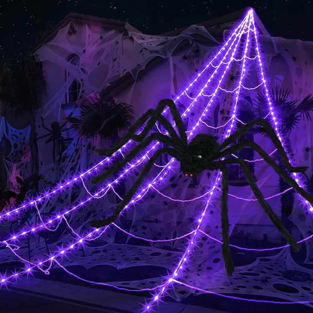 Halloween Spider Web with 290 LED Lights - Giant Outdoor Spider Decoration with 78.7" Spider - Image 1