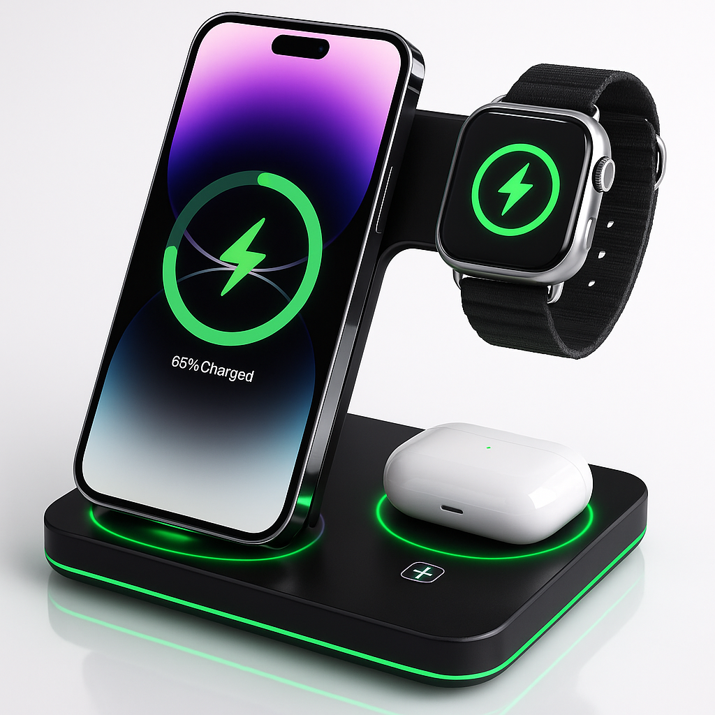 Bezdrátová nabíjecí stanice pro telefon, hodinky, sluchátka