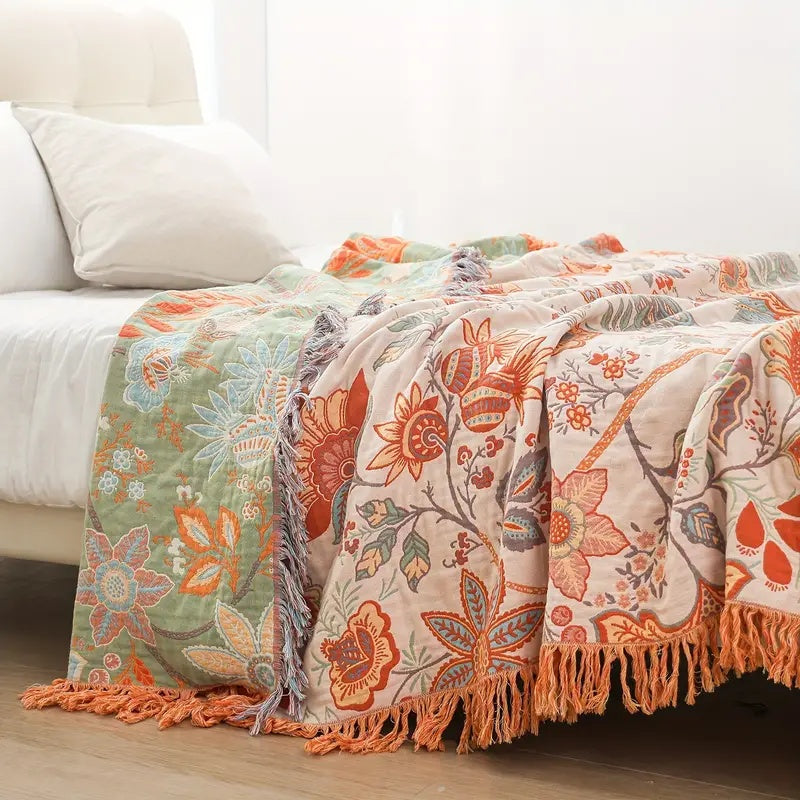 Bomuld Tæppe Boho Blomstret Sofaovertræk