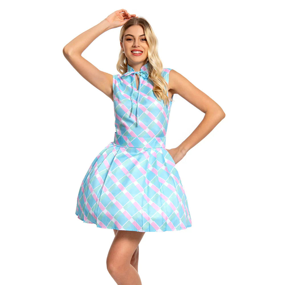 Movie Plaid Blue Dress Margot Robbie Cosplay Costume Party Vacation Halloween Costume - Image 3