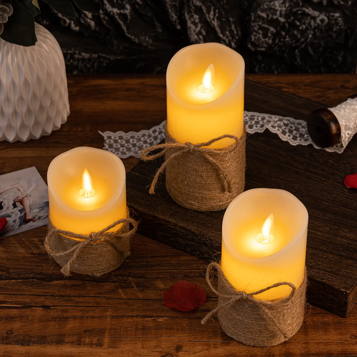 LED sloupové svíčky s efektem třpytivého plamene