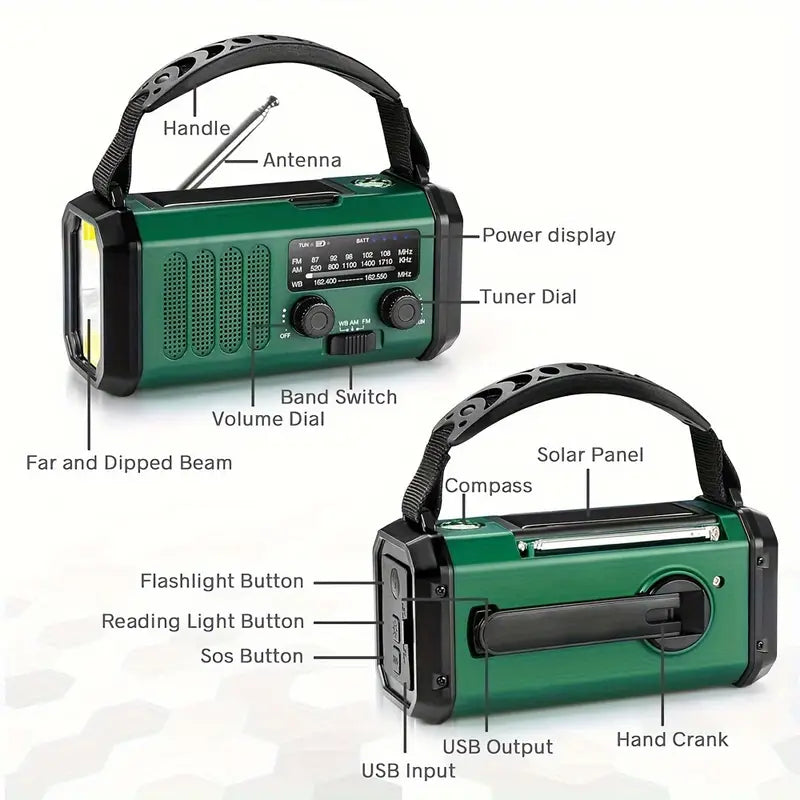 SurvivorPro Noodradio 10.000mAh – Zonne- & Handmatig Opladen, Weerradio, Zaklamp, SOS Alarm & Telefoonlader - Image 3