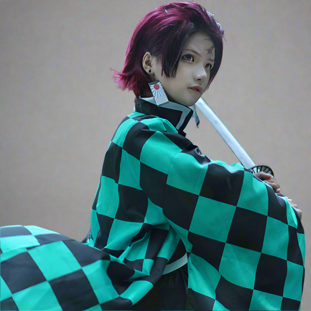 Tanjiro Costume Kids and Adult Halloween Tanjiro Cosplay Outfit Full Set Japaness Kimono - Image 1