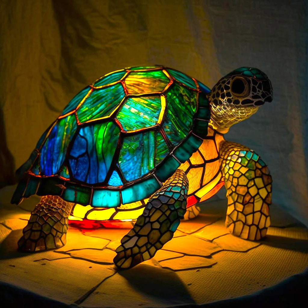 Bunte Tiffany-Tischlampe in Schildkrötenform, Glas, leuchtend, dekorativ, Wohnzimmerbeleuchtung.