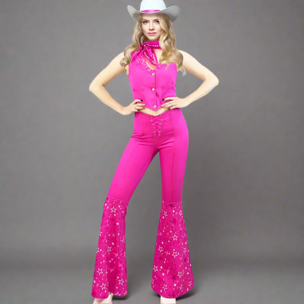 Y2k Sexy Cowgirl Costume 70s Disco Outfits Hot Pink Flare Pants with Vest Western Halloween Costume - Image 1