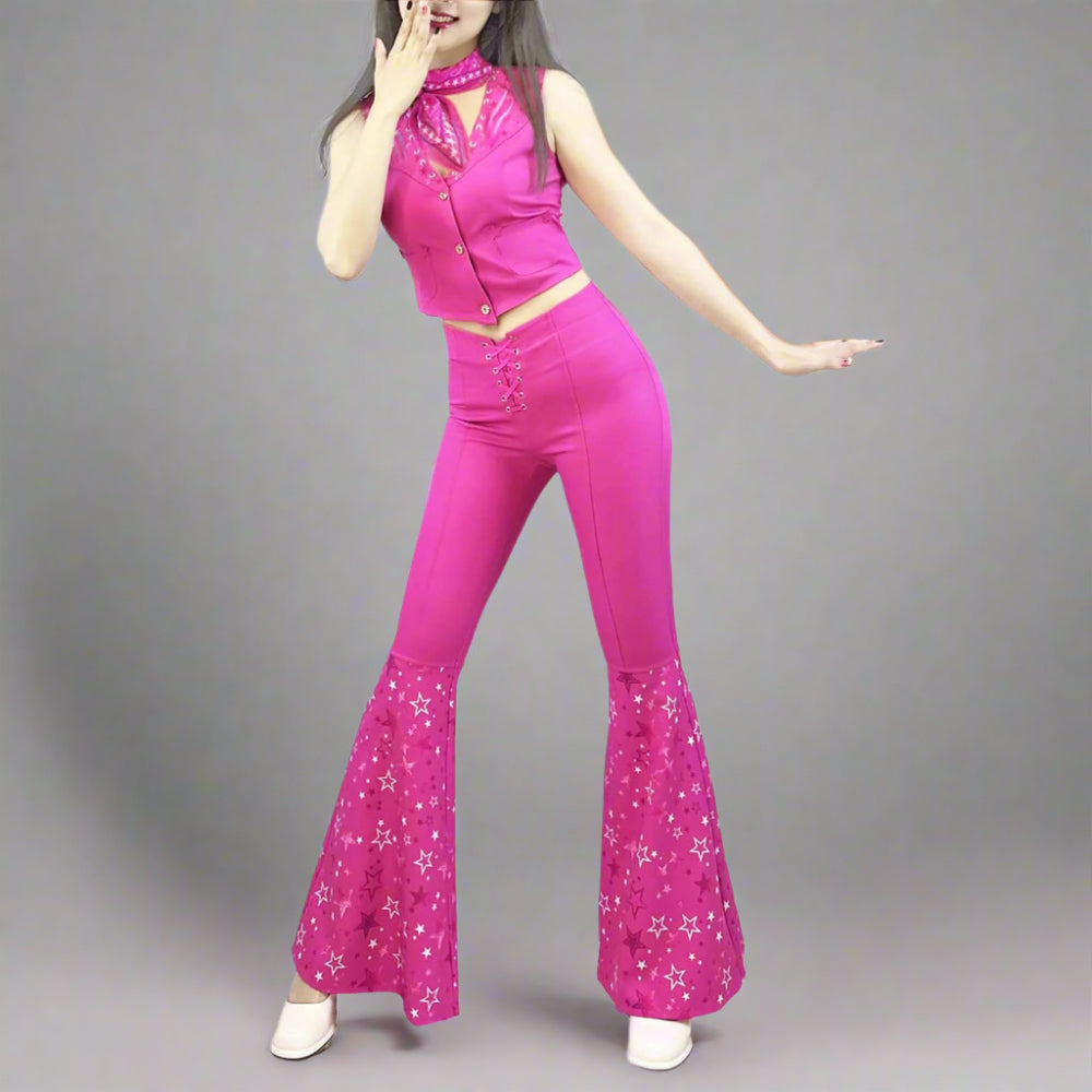Y2k Sexy Cowgirl Costume 70s Disco Outfits Hot Pink Flare Pants with Vest Western Halloween Costume - Image 3