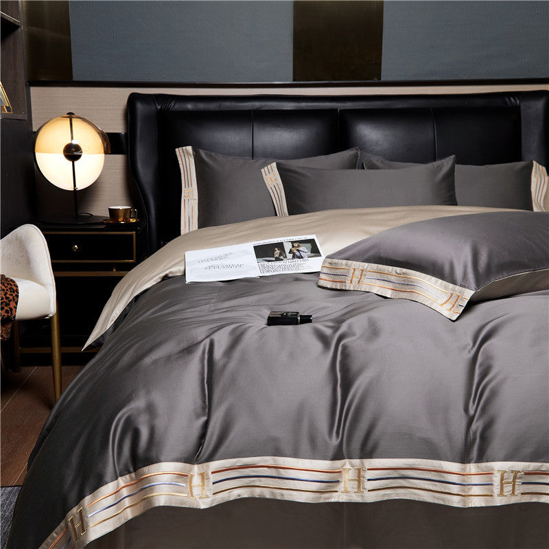 PureSatin - Embroidered Satin Cotton 4-Piece Bedding Set