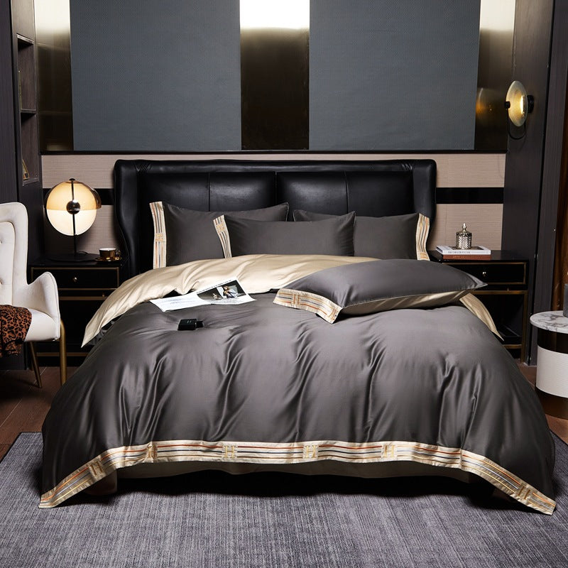 PureSatin - Embroidered Satin Cotton 4-Piece Bedding Set